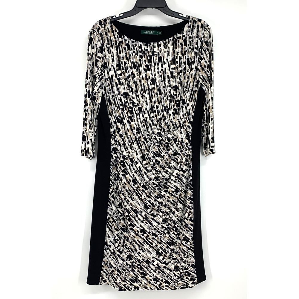 Lauren Ralph Lauren Dress Womens 16 Black Geo Print Colorblock 3/4 Sleeve Jersey - Picture 2 of 10